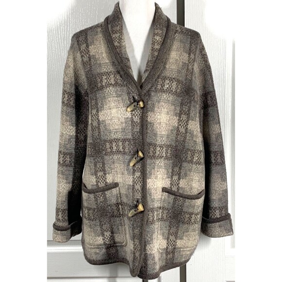 Ralph Lauren Sweater Coat Womens L 100% Wool Brown Gray Horn Buttons Southwest - Picture 1 of 8